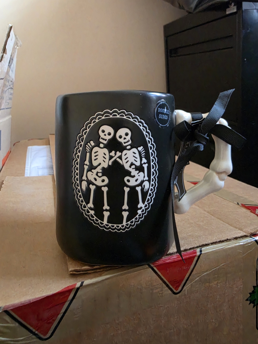 Rae Dunn Black Skeleton Double-Sided Mug with Bone Handle